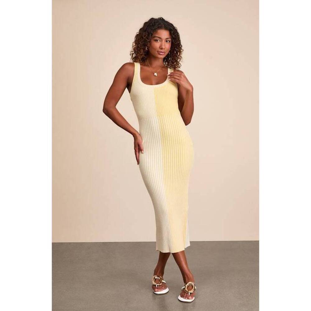 Lulus Radiant Personality Yellow Color Block Ribbed Knit Midi Dress - Size XS - Picture 1 of 1